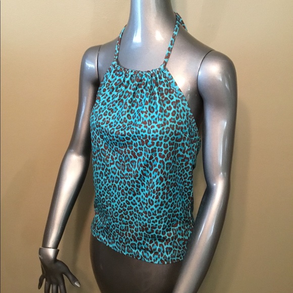 Vintage Eye Candy aqua leopard cropped halter top - Picture 3 of 6